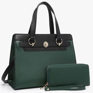 Lexie Two-Tone Vegan Leather Satchel Bag with Wallet in Hunter Green